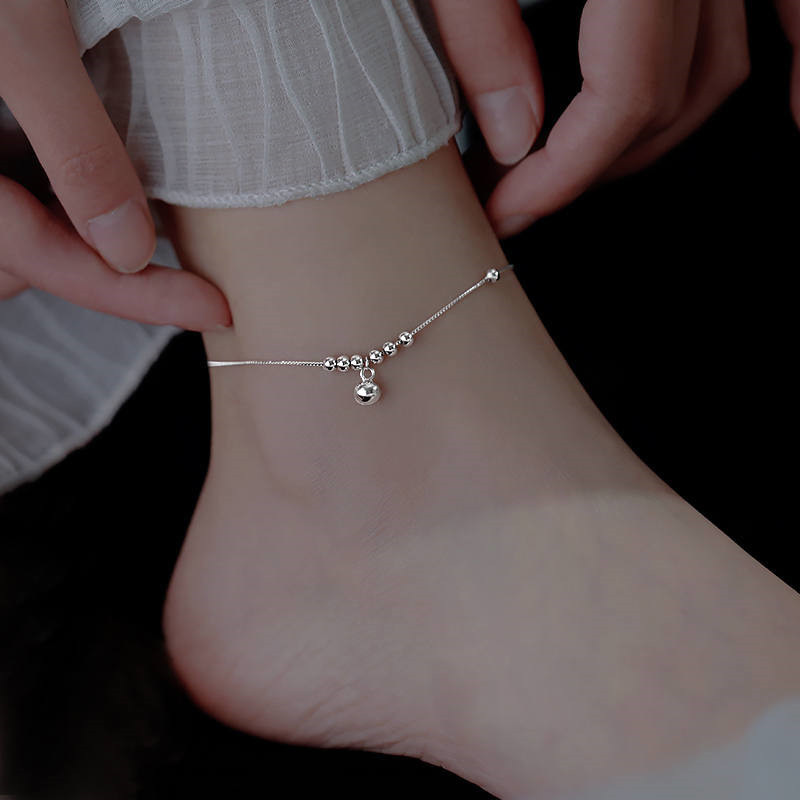 Dainty Chain Anklet Sterling Silver Beaded Ankle Bracelet with Bell Charm